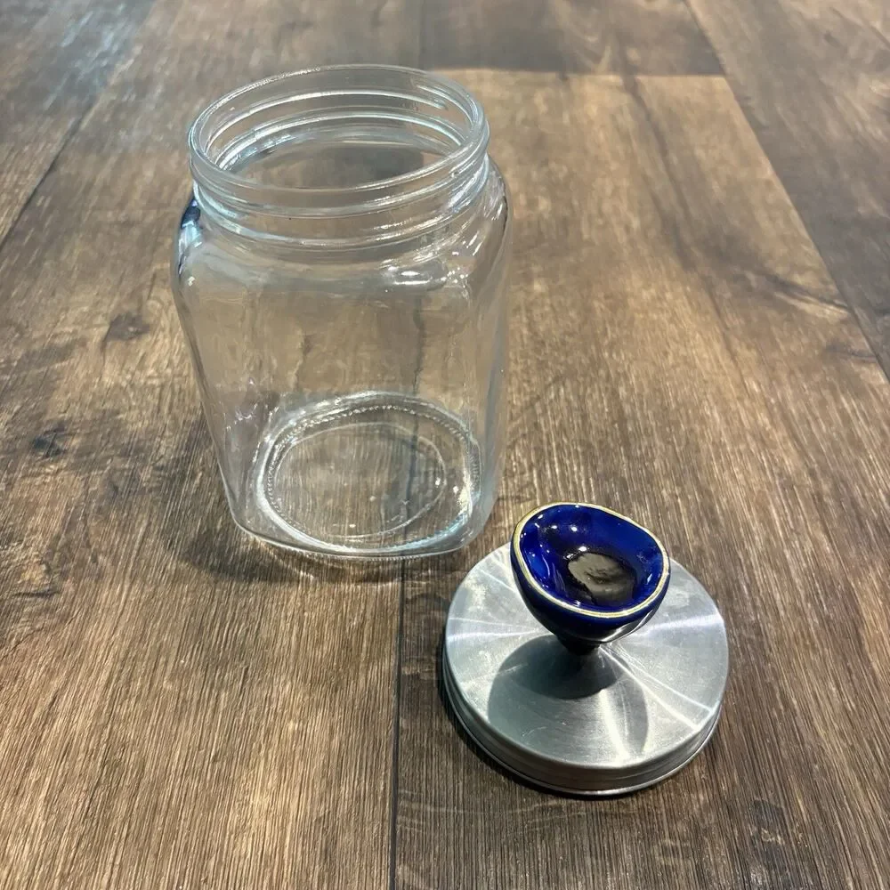 Glass Storage Canister Blue Porcelain Knob Stainless Lid Kitchen Counter Jar